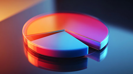 A close-up view of a D pie chart with distinct segments, showcasing data distribution in bright colors, highlighted by reflections and shadows for depth.の素材