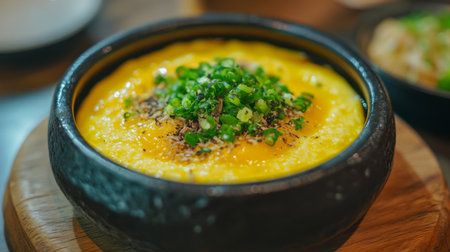 A close-up of steamed egg custard with minced pork and a sprinkle of spring onions, served in a ceramic bowl on a wooden board for a simple yet elegant presentation.の素材