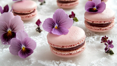A minimalist display of pink and purple macarons placed on a clean white background, with small edible flowers scattered around for a delicate, elegant look.の素材