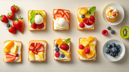 A flat lay of honey toast with a rich golden crust, topped with fresh fruits and ice cream, arranged beautifully on a light wooden table for an inviting dessert presentation.の素材