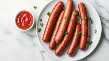 A minimalist presentation of sausages arranged neatly on a white plate, garnished with fresh herbs and accompanied by a small bowl of ketchup on a marble countertop.の素材