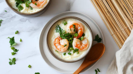 A minimalist shot of a bowl of steamed egg, topped with shrimp and green onions, set on a white plate with a wooden spoon and a bamboo mat in the background.の素材