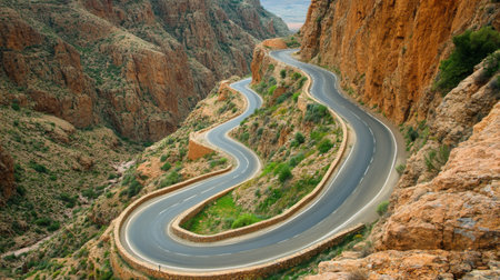 A stunning image of a scenic mountain road winding through dramatic landscapes, highlighting the beauty of travel and exploration by car.の素材