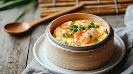 A minimalist shot of a bowl of steamed egg, topped with shrimp and green onions, set on a white plate with a wooden spoon and a bamboo mat in the background.の素材