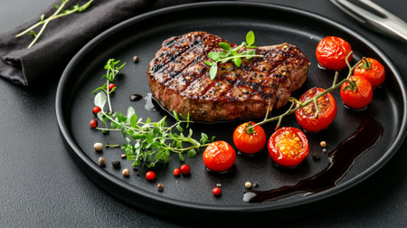 A gourmet steak plated with a drizzle of balsamic glaze, garnished with microgreens and accompanied by roasted cherry tomatoes on a black plate.の素材