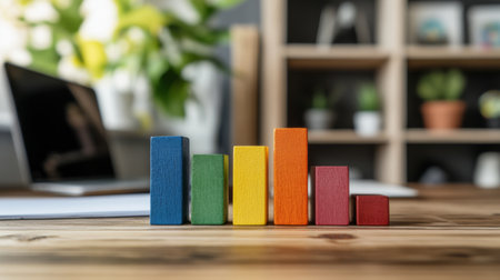 A minimalistic business bar graph with solid-colored bars arranged in ascending order, displayed on a wooden desk with a laptop and notepad in the background.の素材