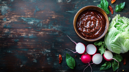 A rustic table setting featuring a bowl of Thai chili paste with dipping vegetables, such as cabbage and radishes, placed next to the paste on a dark wooden background.の素材