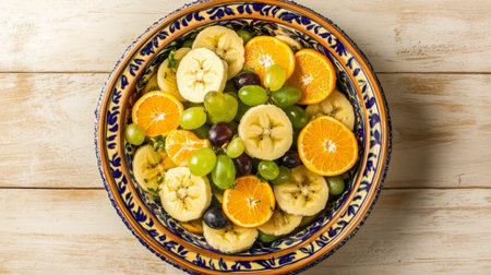 A top-down view of a beautiful fruit salad featuring slices of ripe bananas, oranges, and grapes, served in a decorative bowl on a light wooden surface.の素材