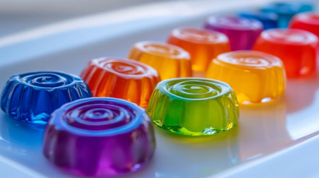 A vibrant image of hard candies arranged in a rainbow pattern on a white plate, highlighting their glossy surfaces and colorful appeal in a bright setting.の素材