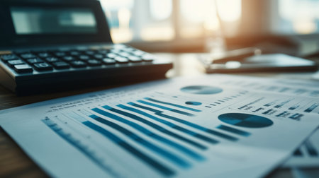 A high-resolution image of a financial report with detailed bar graphs, line charts, and pie charts, placed on a desk with a calculator and financial documents.の素材