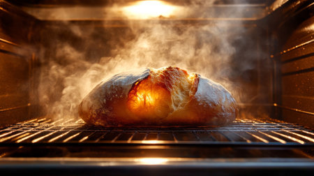 Freshly baked bread coming out of the oven, with steam escaping from the golden crustの素材