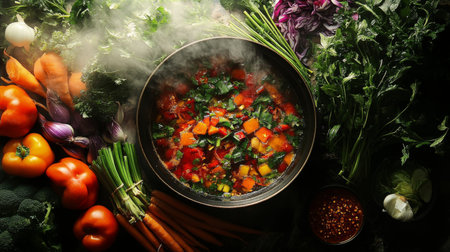 A vibrant photo of a hot pot of  being enjoyed with a side of fresh vegetables and Thai chili sauce, highlighting the colorful and aromatic nature of the dish.の素材