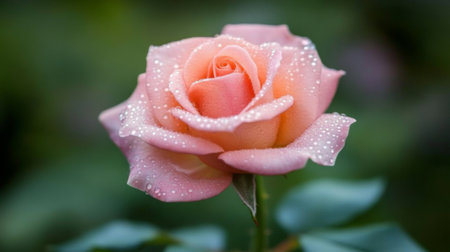 Close-up of a blooming pink rose with delicate petals, morning dew droplets glisteningの素材
