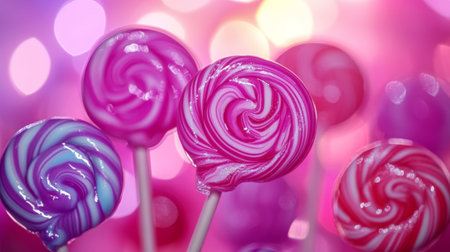 A close-up shot of a handful of bright, shiny lollipops with swirls of color, glistening under soft lighting to highlight their playful and fun appearance.の素材