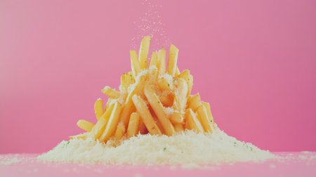 A whimsical scene of French fries arranged like a mountain, topped with a sprinkle of Parmesan cheese and herbs, set against a vibrant backdrop for visual impact.の素材