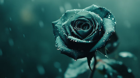 A stunning image of a blooming rose with droplets of water clinging to its velvety petals, set against a soft-focus green background for a romantic effect.の素材