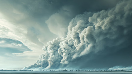 A billowing cloud of gray smoke spreading across the sky from a large urban fire, partially obscuring buildings and structures in the distanceの素材