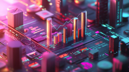 A D financial graph with rising bars and an upward trending line chart, with metallic textures and subtle lighting effects, floating in digital spaceの素材
