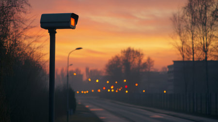An outdoor bullet CCTV camera on a tall pole overlooking a quiet street at dusk, with a soft orange sky in the backgroundの素材