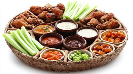 A beautifully arranged platter of chicken wings coated in various sauces, including buffalo and barbecue, accompanied by celery sticks and dipping sauceの素材