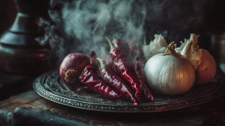 An inviting shot of chilies, garlic, and onions sizzling in a hot pan, with steam rising and rich colors blending together, creating an appetizing atmosphereの素材