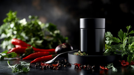 A close-up of a spicy chili condiment jar with a spoon, surrounded by fresh chilies and aromatic herbs, emphasizing the rich flavors and texturesの素材