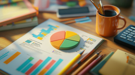 A close-up of a financial report with colorful business graphs and pie charts, surrounded by office supplies like pens, calculators, and a coffee cup.の素材
