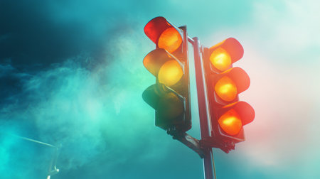 An artistic view of a traffic light with bokeh effects created by streetlights and car headlights, producing a dreamy and colorful urban sceneの素材