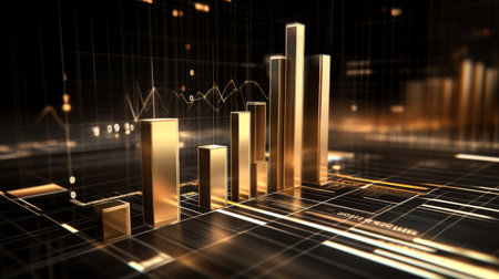 A D bar chart with metallic, gradient bars rising from a financial graph, showing growth and progress, with a modern digital interface in the backgroundの素材