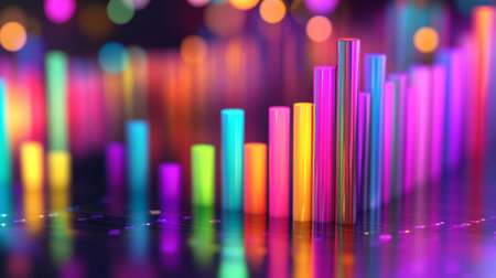 A D bar graph with tall, glossy pillars in various colors rising from a reflective surface, symbolizing financial growth and performance analysisの素材