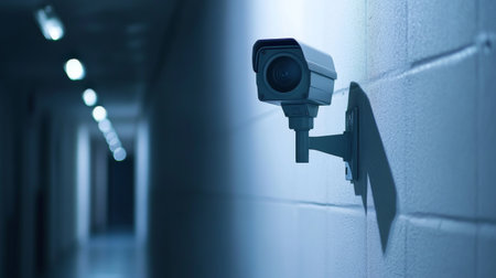 A CCTV camera mounted on a white wall of a shopping mall, with the background blurred to highlight the devices design and functionの素材