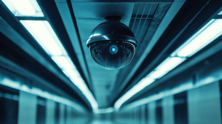 A close-up of a dome-shaped security camera on a smooth metal ceiling inside a sleek, futuristic building corridorの素材