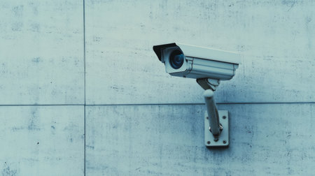 A CCTV camera mounted on a white wall of a shopping mall, with the background blurred to highlight the devices design and functionの素材