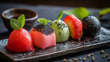 A beautifully styled dessert platter featuring different flavors of daifuku, including matcha, strawberry, and black sesame, set against a dark backgroundの素材