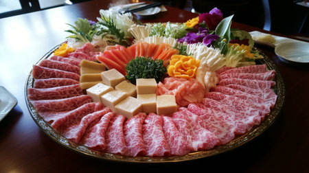 A beautifully arranged hot pot setup on a dining table, featuring a variety of ingredients like thinly sliced beef, tofu, and colorful vegetables, ready for cooking.の素材
