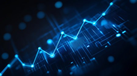 A D financial line graph with smooth, curving lines connecting glowing points, showing a steady upward trend against a dark digital landscapeの素材