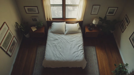 An overhead view of a neatly arranged bedroom with a neatly made bed, stylish nightstands, and a window with natural light streaming in.の素材