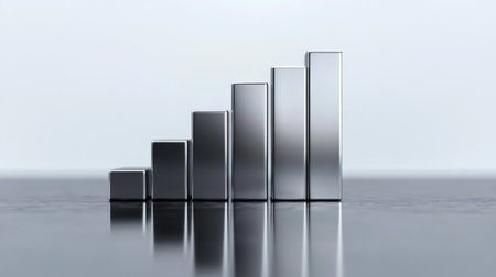 A D stacked bar chart with metallic bars in ascending order, placed on a reflective surface, highlighting financial progress in a clean, minimalist designの素材