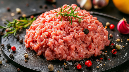 A close-up of raw minced meat, with finely ground beef piled in a neat mound on a metal surface, ready for burger patties or meatballsの素材