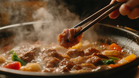 A close-up of a hand using chopsticks to pick up a piece of meat from a steaming hot pot, with colorful vegetables and bubbling broth visible in the background.の素材