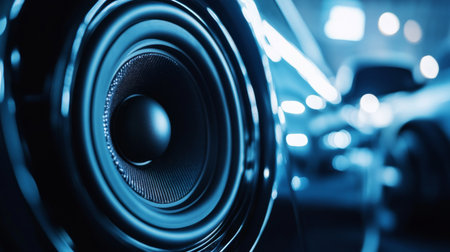 A close-up of a high-quality car speaker mounted on a vehicle door, showcasing its sleek design and detailing, with the interior of the car softly illuminated.の素材