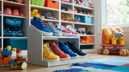 A childrens shoe rack filled with colorful sneakers and boots, placed in a cozy, playful room with vibrant dcor and toys scattered around.の素材