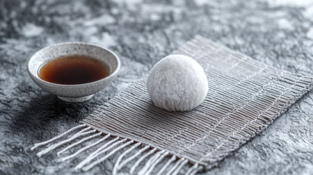 A close-up shot of a single daifuku on a textured fabric, with a small bowl of sweet red bean paste beside it, highlighting the contrast in colors and texturesの素材