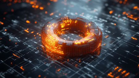 A close-up of a futuristic D donut chart with segmented, glowing parts, floating above a digital grid, representing complex financial dataの素材