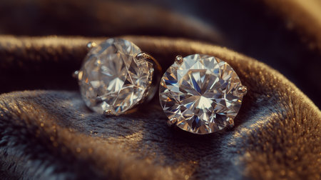 A close-up view of sparkling diamond stud earrings resting on a plush velvet fabric, with soft lighting accentuating the brilliance and clarity of the stonesの素材