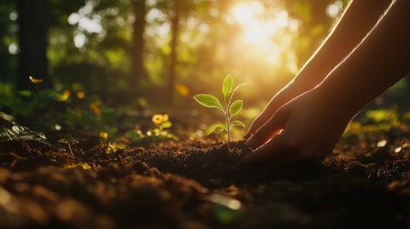 A close-up of hands gently placing a young sapling into the soil, with soft sunlight streaming through the trees in the background, symbolizing growth and sustainability.の素材