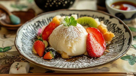 A close-up of a daifuku placed on a decorative plate, with a subtle sprinkle of kinako flour and a few slices of fresh fruit, creating an enticing dessert sceneの素材