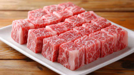 A close-up of marbled beef steak slices on a clean white plate, with a focus on the rich texture and fat marbling, set against a rustic wooden tableの素材