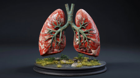 A D rendering of a pair of human lungs with detailed bronchi and alveoli, isolated on a dark background, highlighting the respiratory systemの素材