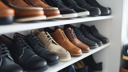 A close-up of a compact shoe rack in a small apartment, filled with neatly arranged shoes, from casual sneakers to formal dress shoes, set against a clean white wall.の素材